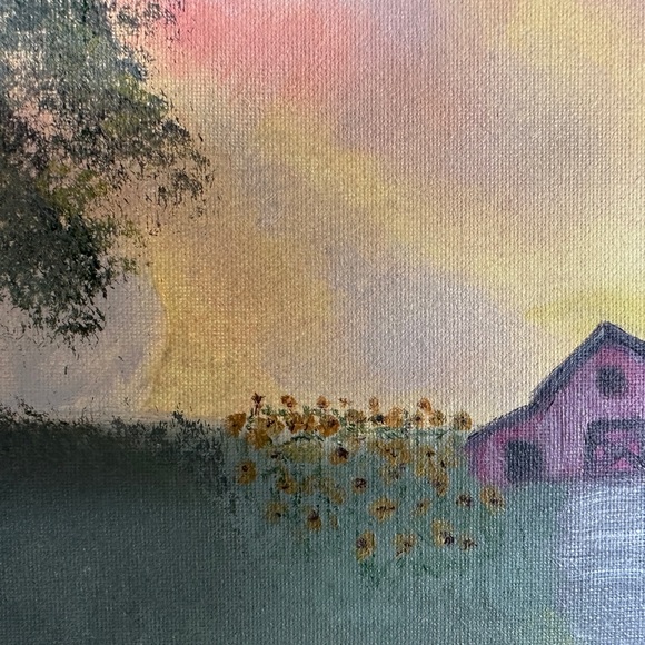 Tranquil Sunset Landscape Canvas Painting with Tree and Barn - Picture 3 of 3